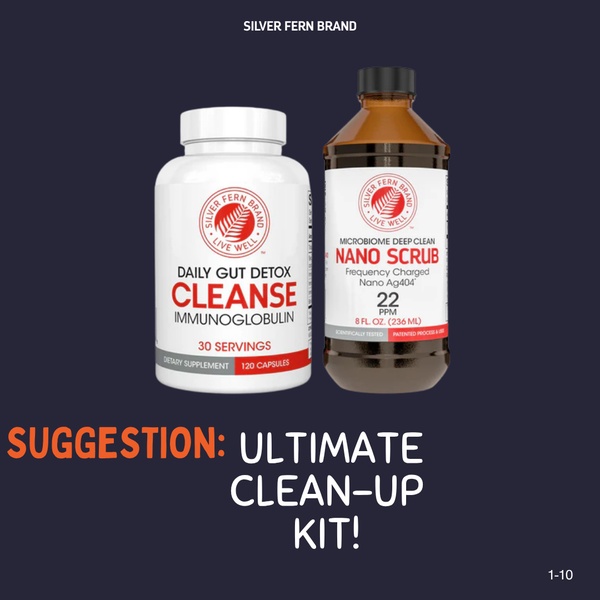 A high-contrast 1:1 product hero creative showcasing the Daily Gut Detox Cleanse alongside the Microbiome Deep Clean Nano Scrub to build a clear bundle value proposition.